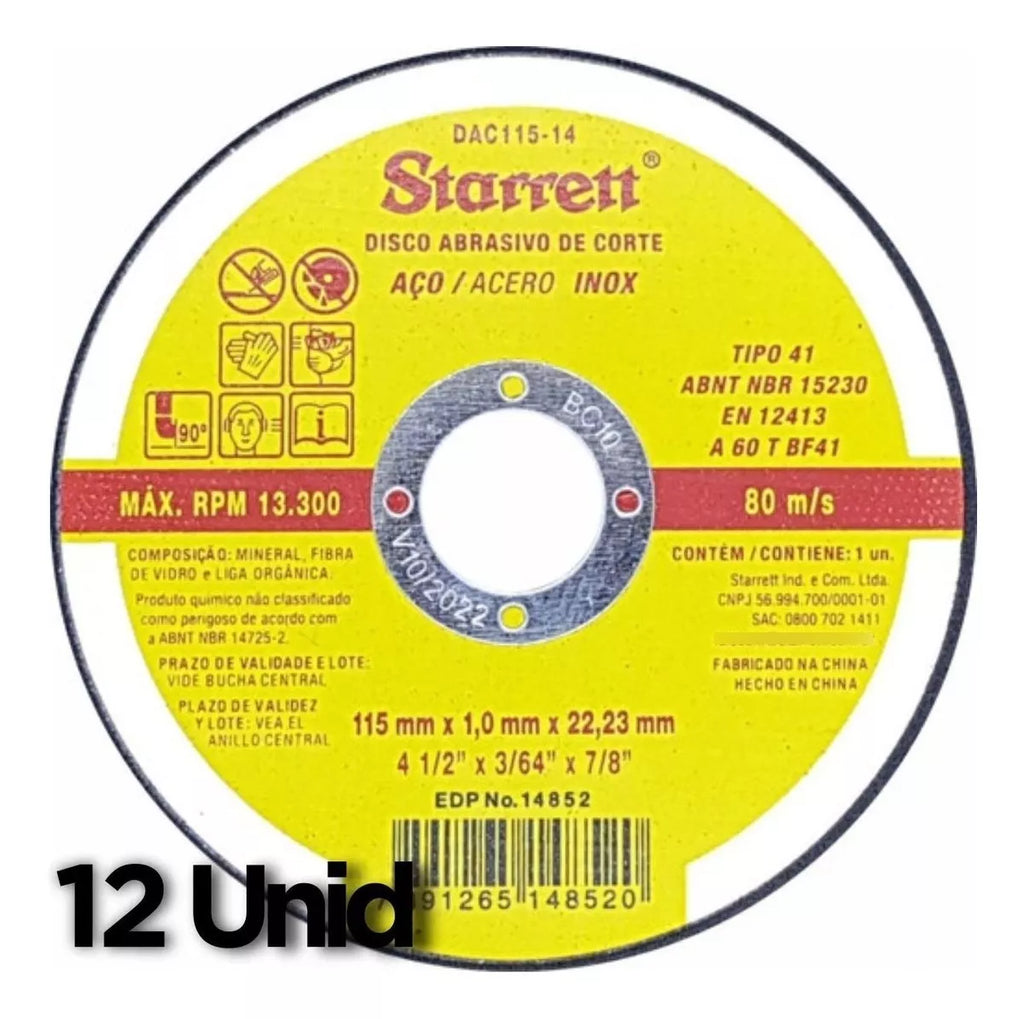 Disco De Corte 41/2 Aço Inox Dac 115-14 Starrett 1,0mm 12und