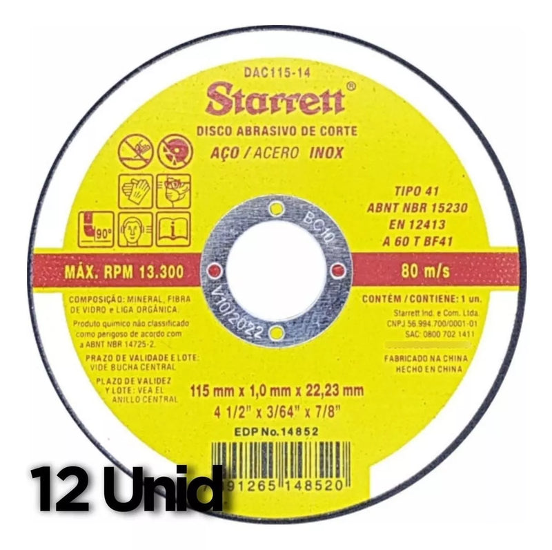 Disco De Corte 41/2 Aço Inox Dac 115-14 Starrett 1,0mm 12und
