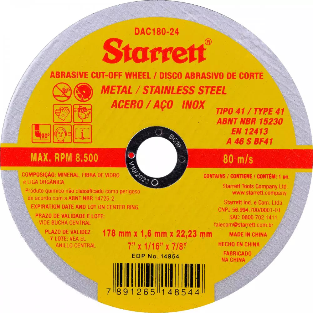 Disco Abrasivo de Corte Fino para Aço Inox 7" 1,6mm Starrett C/12und